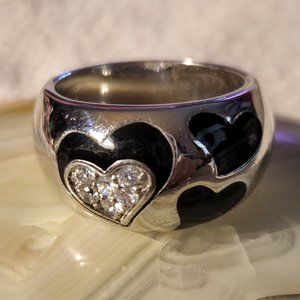 Vintage Heart Ring 3 Hearts Black Enamel CZ   sz 8  weight 8.8g